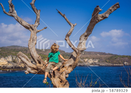 Boy sitting on a tree against the background of the sea Angel's Billabong in Nusa Penida, Bali Boy sitting on a tree against the background of the sea Angel's Billabong in Nusa Penida, Bali 58789329