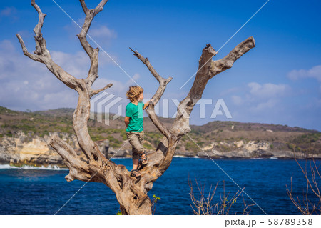 Boy sitting on a tree against the background of the sea Angel's Billabong in Nusa Penida, Bali Boy sitting on a tree against the background of the sea Angel's Billabong in Nusa Penida, Bali 58789358