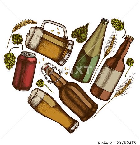 Heart floral design with colored rye, hop, mug of beer, bottles of beer, aluminum can 58790280