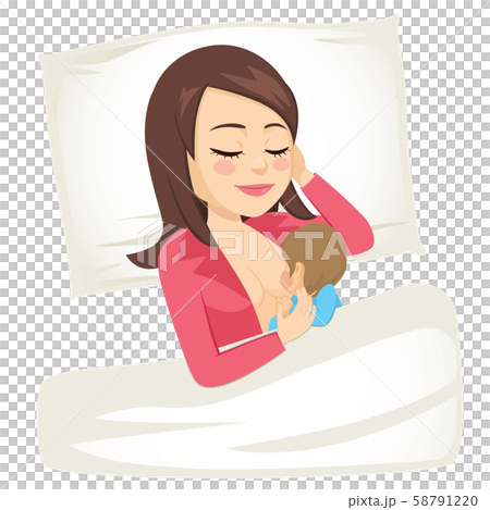 Young mom breastfeeding little newborn baby lying resting in bed 58791220