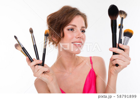 portrait of makeup artist with makeup accessories portrait of makeup artist with makeup accessories 58791899