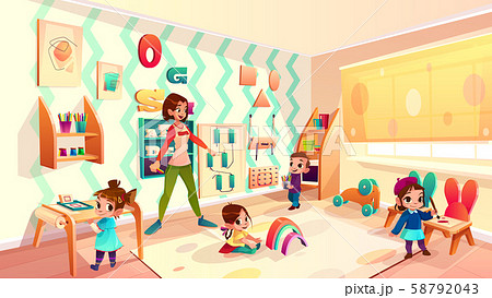 Kids in Montessori school classroom cartoon - Stock Illustration [58792043]  - PIXTA