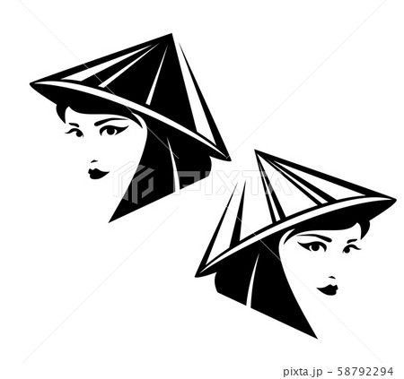 asian woman wearing traditional straw hat black vector portrait 58792294