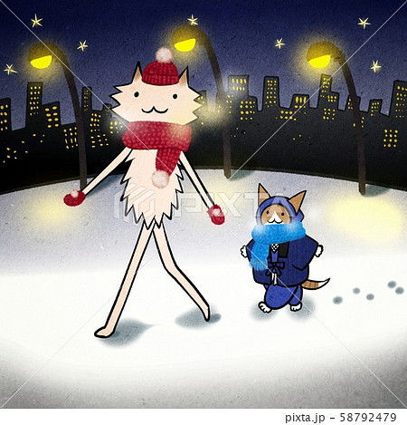 冬の雪道を ビルの夜景が綺麗な街灯のある道を歩くイヌさんとネコさんのイラスト素材