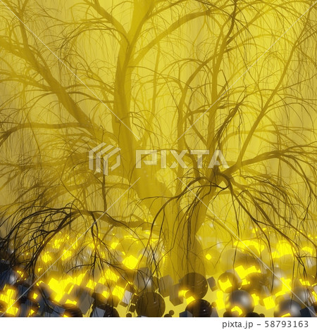 Lonely tree without leaves in fog or mist lit by bright orange sun god rays in space surrounded by 58793163