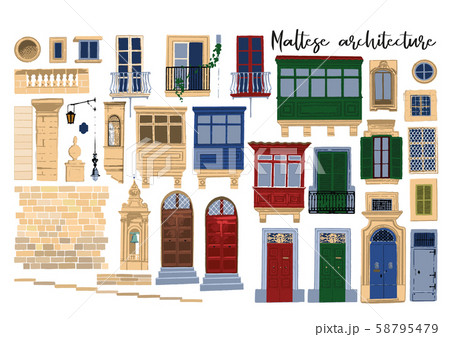 Vector collection of traditional maltese architectural elements with various decorations and colors 58795479