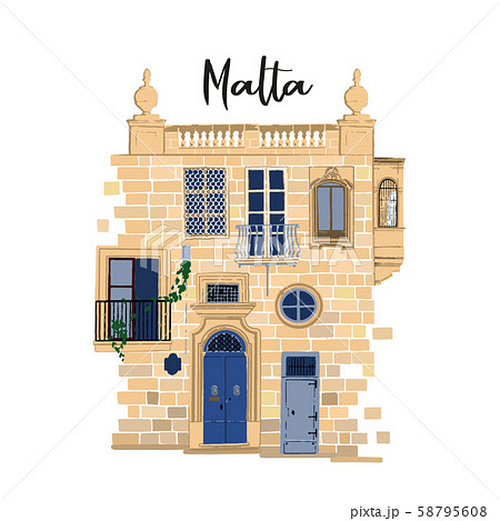 Part of traditional maltese house made of sandy stone bricks with various doors, windows and 58795608