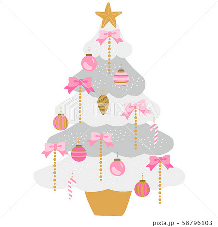 白のクリスマスツリー ピンクのオーナメントのイラスト素材