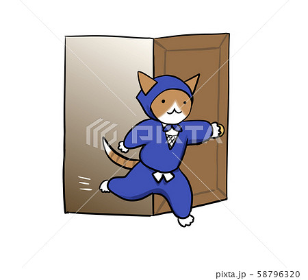 別の空間などどこでもドアから出てくる忍者のネコさんのイラストのイラスト素材