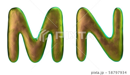 Letter set M, N made of realistic 3d render natural gold snake skin texture. 58797934