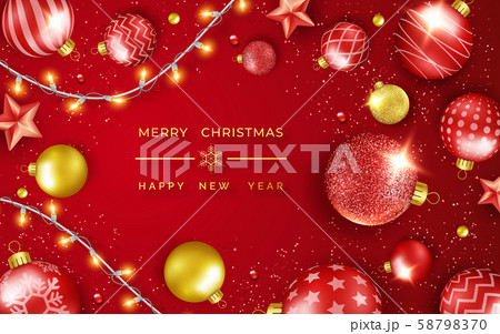 Christmas background with shining stars, confetti, garland and colorful balls. New year and 58798370