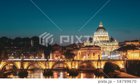 Rome, Italy. Papal Basilica Of St. Peter In The Vatican And Aelian Bridge In Evening Night Rome, Italy. Papal Basilica Of St. Peter In The Vatican And Aelian Bridge In Evening Night 58799670