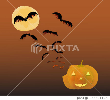 Halloween bats flying from scary pumpkin face to the Moon in twilight sky background, watercolor style, vector illustration. 58801192