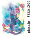 Watercolor illustration. Cat with constellations on the skin, crescent, flowers and leaves, space. 58801299