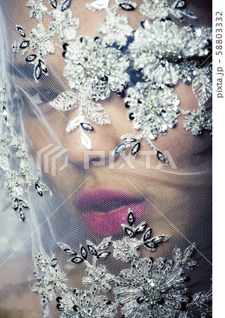 portrait of beauty young afro woman through white lace, like new bride under veil close up portrait of beauty young afro woman through white lace, like new bride under veil close up 58803332