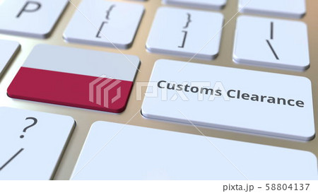 CUSTOMS CLEARANCE text and flag of Poland on the computer keyboard. Import or export related 58804137