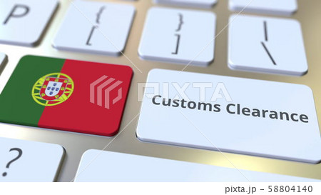 CUSTOMS CLEARANCE text and flag of Portugal on the computer keyboard. Import or export related 58804140