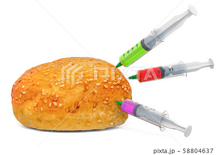 Hamburger bun with a syringes full of chemicals 58804637