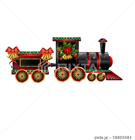 Little Christmas train with wagons decorated red ribbon Vector 58805083
