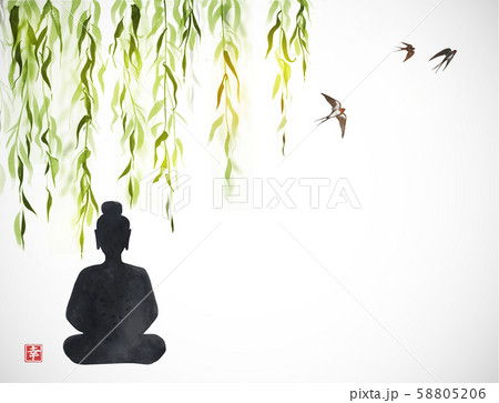Silhouette of Buddha under the willow and swallows in the sky. Traditional oriental ink painting 58805206