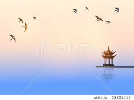 Pagoda temple over the water surface and swallow birds flying in the sky. Traditional oriental ink Pagoda temple over the water surface and swallow birds flying in the sky. Traditional oriental ink 58805219