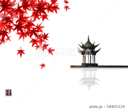 Red japanese maple leaves and pagoda temlple over the water surface. Traditional Japanese ink wash Red japanese maple leaves and pagoda temlple over the water surface. Traditional Japanese ink wash 58805220