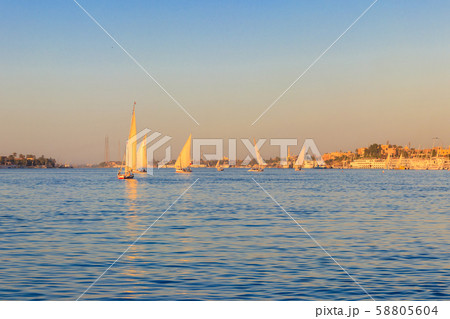 Felucca boats sailing on the Nile river in Luxor Felucca boats sailing on the Nile river in Luxor 58805604