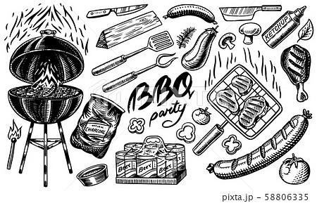 Barbecue grill set in vintage style. Drawn by hand. Bbq party ingredients. Hot grill food, beer and Barbecue grill set in vintage style. Drawn by hand. Bbq party ingredients. Hot grill food, beer and 58806335