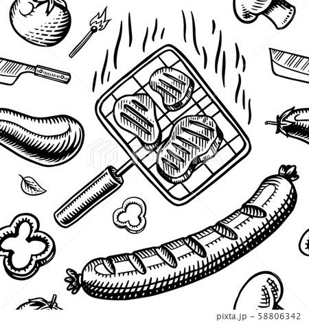 Barbecue grill seamless pattern in vintage style. Drawn by hand. Bbq party ingredients. Hot grill 58806342
