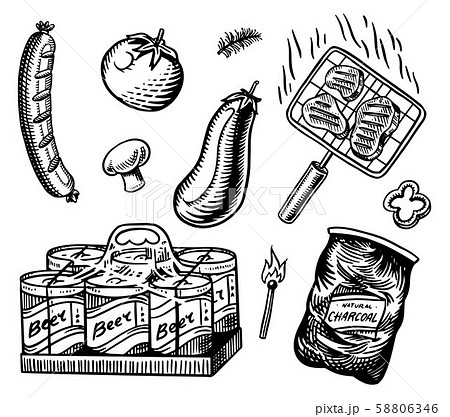 Barbecue grill set in vintage style. Drawn by hand. Bbq party ingredients. Hot grill food, beer and 58806346