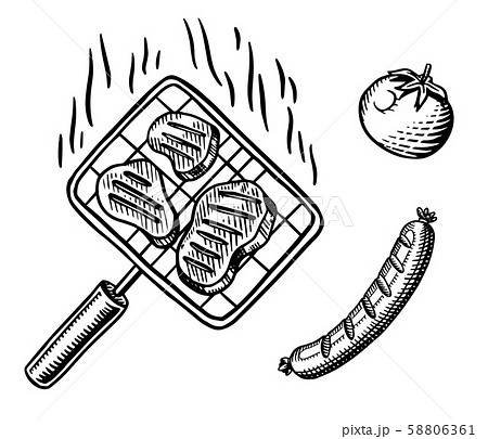 Barbecue Grill Set In Vintage Style Drawn By のイラスト素材