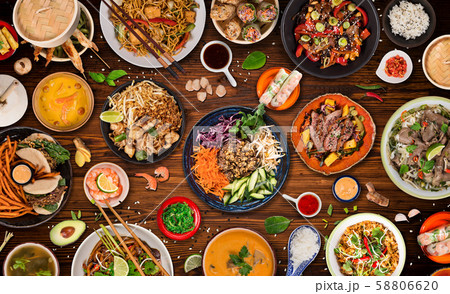 Asian food background with various ingredients on rustic stone background , top view. 58806620