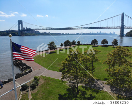 Aerial view of American flag with George Washington Bridge. Aerial view of American flag with George Washington Bridge. 58808250