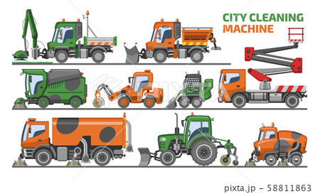 City cleaning machine vector vehicle truck sweeper cleaner wash roads streets illustration set of City cleaning machine vector vehicle truck sweeper cleaner wash roads streets illustration set of 58811863