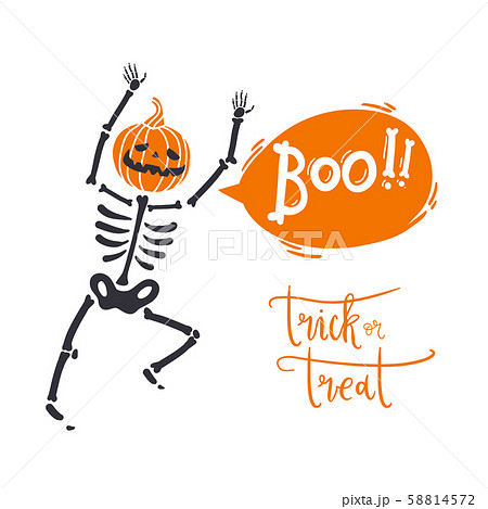 Boo Poster With Skeleton With Pumpkin Headのイラスト素材