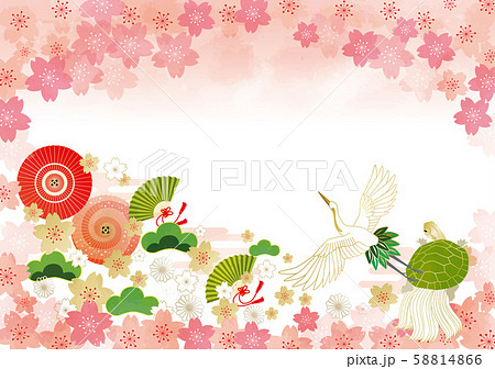 和風背景 和風 桜 フレーム 飾り枠 満開 扇子 扇 松 和傘 傘 鶴 亀のイラスト素材
