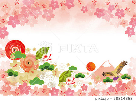 和風背景：和風 桜 フレーム 飾り枠 満開 扇子 扇 松 富士山 鷹 茄子