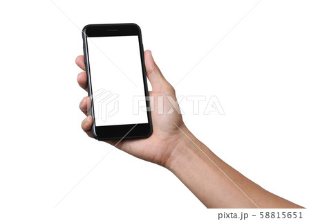 Hand man holding mobile smartphone with blank screen isolated on white background with clipping path 58815651