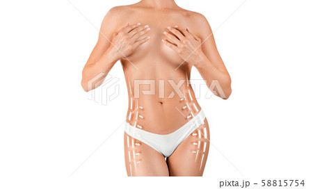 Female body with lines and arrows over white background. 58815754
