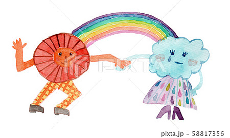 太陽と雨雲とにじ 水彩のイラスト素材