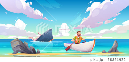 Man escaping from sinking ship after shipwreck 58821922
