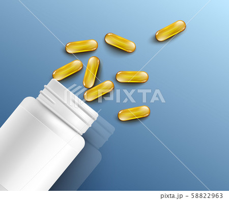 Fish oil, Omega-3 or vitamin capsules in container 3d vector illustration. 58822963