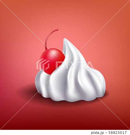 White whipped cream piece with red cherry - sweet dessert topping White whipped cream piece with red cherry - sweet dessert topping 58823017