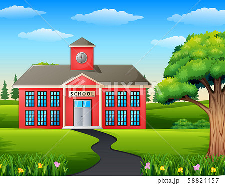 Background of road scene toward school building - Stock Illustration  [58824457] - PIXTA