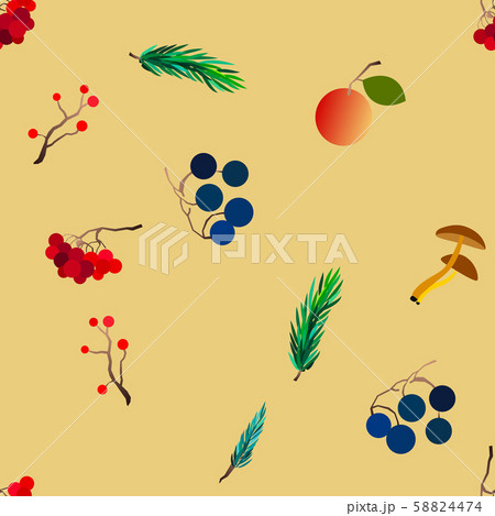 Autumn vector seamless pattern with berries, acorns, pine cone, mushrooms, branches and leaves. 58824474