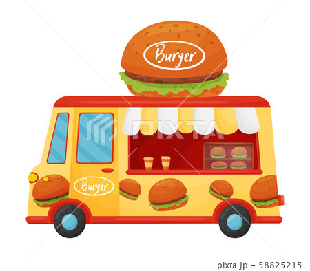Yellow van with burgers. Vector illustration on a white background. 58825215