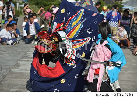 坂越の船祭り 祭り装束の女の子が花と刀で獅子と舞うの写真素材