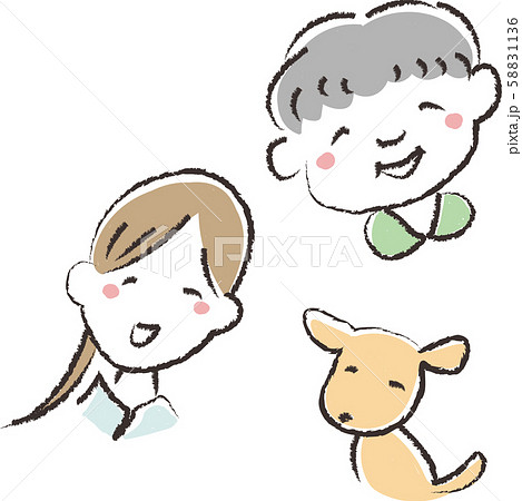手描き風 おばあちゃん 笑顔 介護 家族 犬 ペットのイラスト素材 