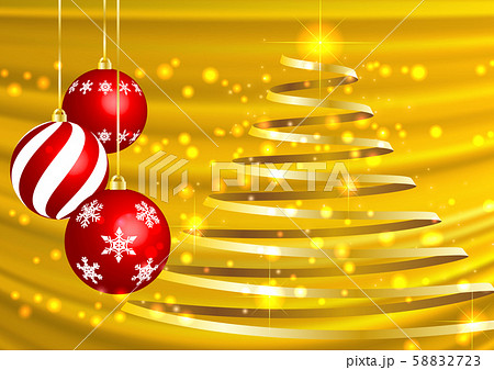 金色に輝くキラキラ光とリボンのクリスマスツリーとオーナメントのイラスト素材 5723