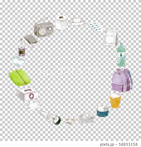 防災グッズ 防災セット フレーム 水彩 イラスト 防災グッズ 防災セット フレーム 水彩 イラスト 58833158